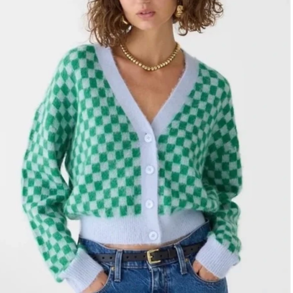 J. Crew Checkered V-neck cardigan sweater in brushed yarn